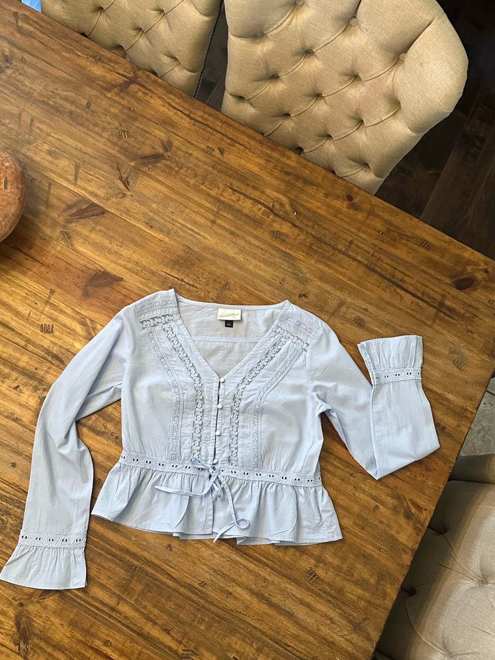 Universal Thread Light Blue Lace-Trim Peplum Long Sleeve Top